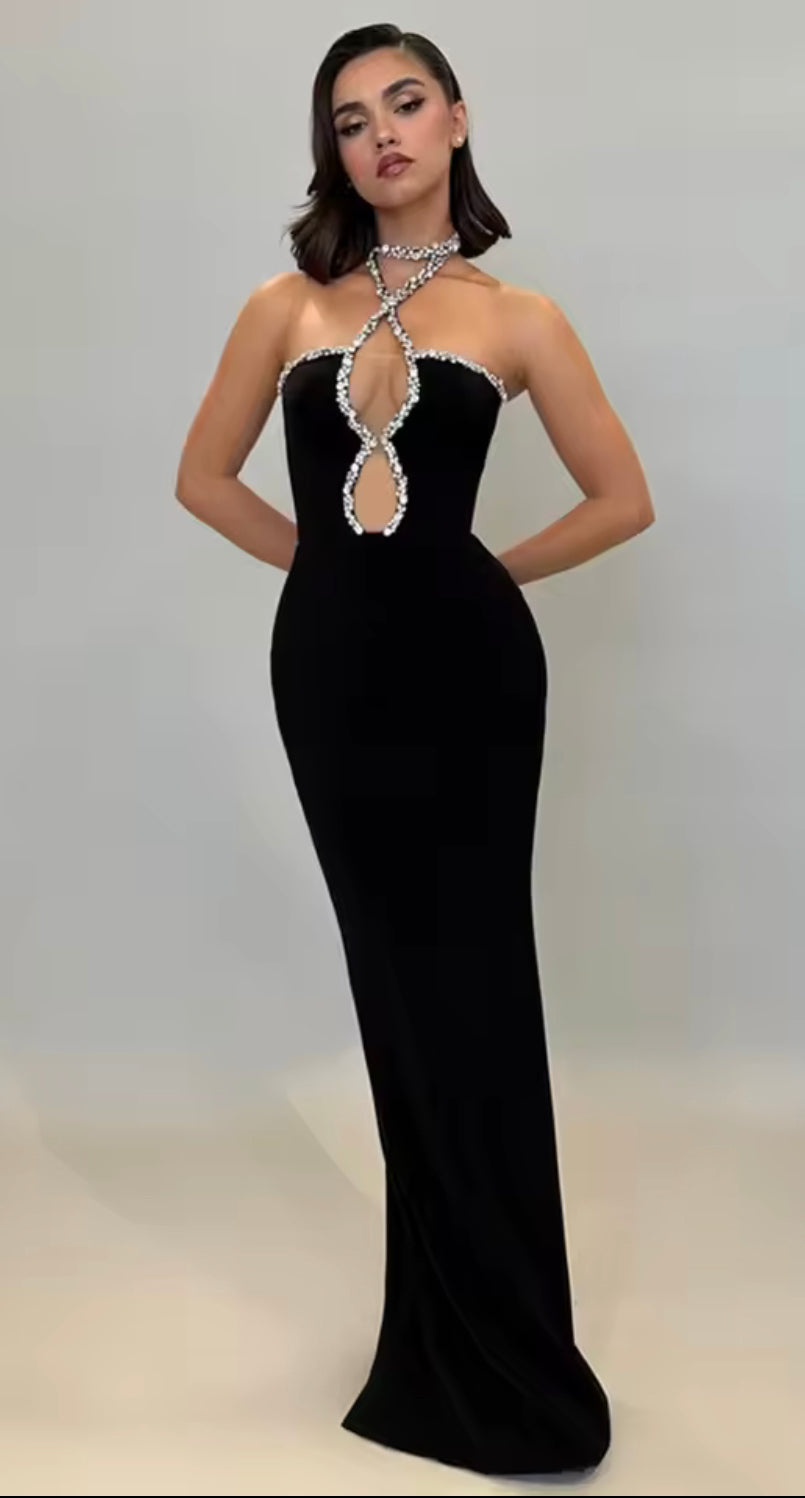 Crystal Cutout Crystal Bandage Maxi Dress| Black