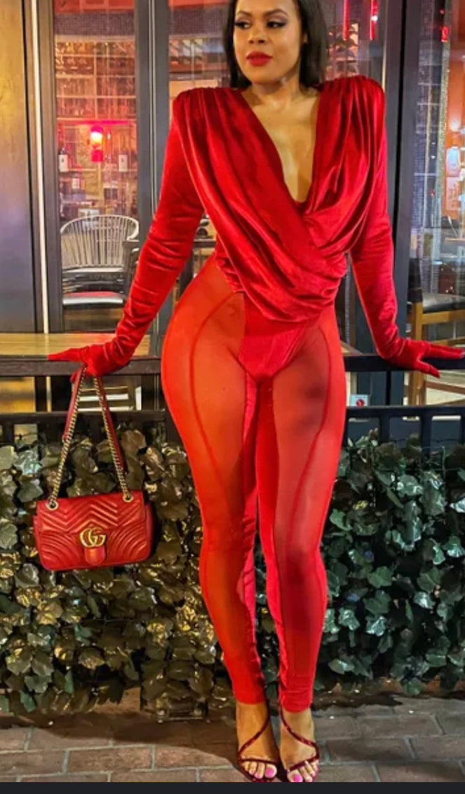 RED MESH VELVET JUMPSUIT-RED