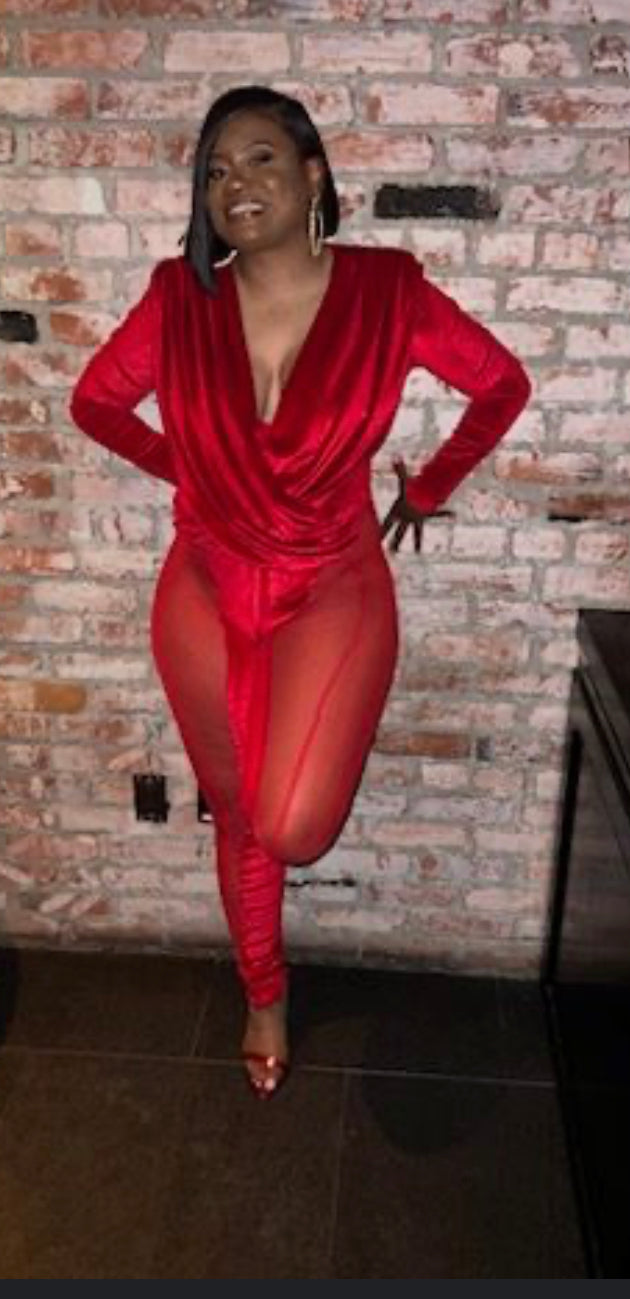 RED MESH VELVET JUMPSUIT-RED