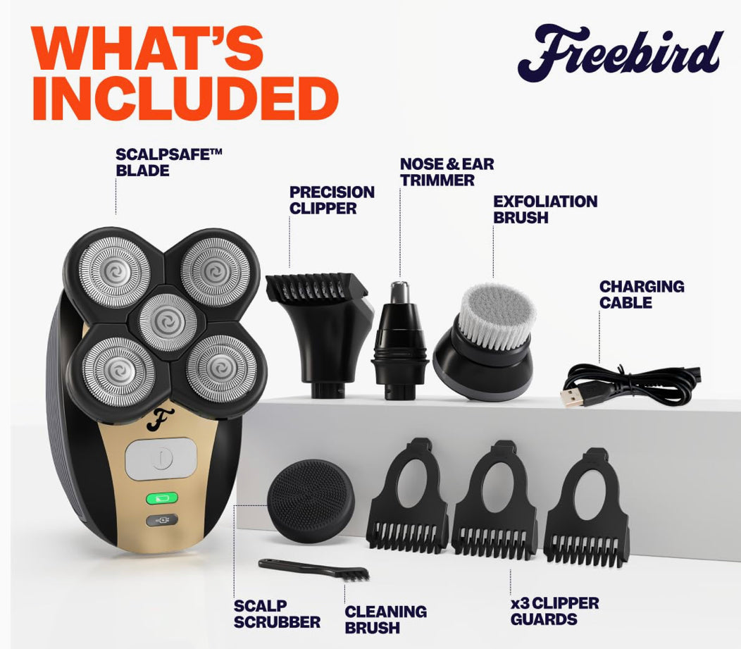 Freebird Effortless Head Shaving: The FlexSeries Electric Head Hair Shaver - Freebird - Ultimate Mens Cordless Rechargeable Wet/Dry Skull & Bald Head Waterproof Razor with Rotary Blades, Clippers, Nose Trimmer, Brush, Massager