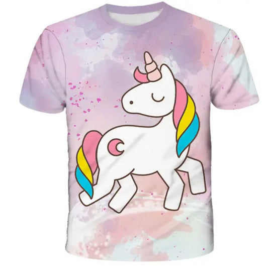 Girls 3D Unicorn Print T-shirts-White