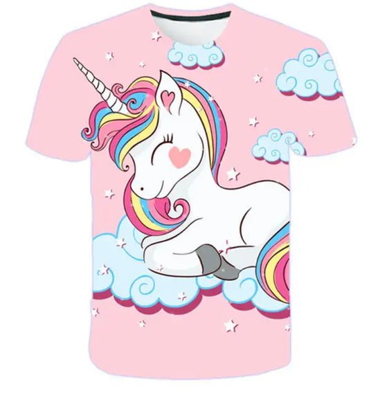 Girls 3D Unicorn Print T-shirts-Pink