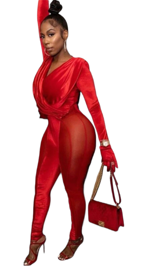 RED MESH VELVET JUMPSUIT-RED