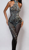 Jiselle Cutout Cobweb Rhinestone Mesh Jumpsuit| Black