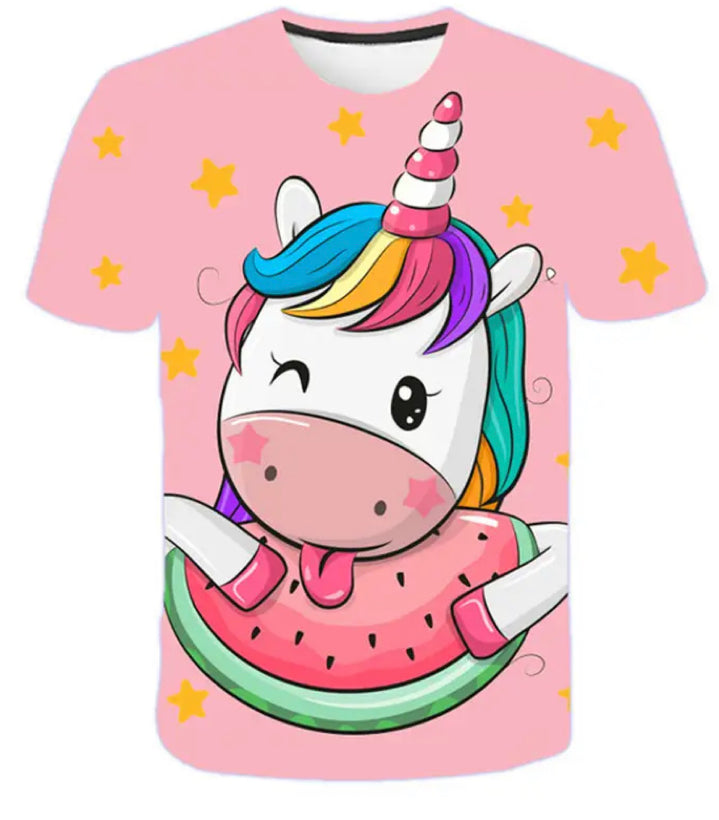 Girls 3D Unicorn Print T-shirts-Pink