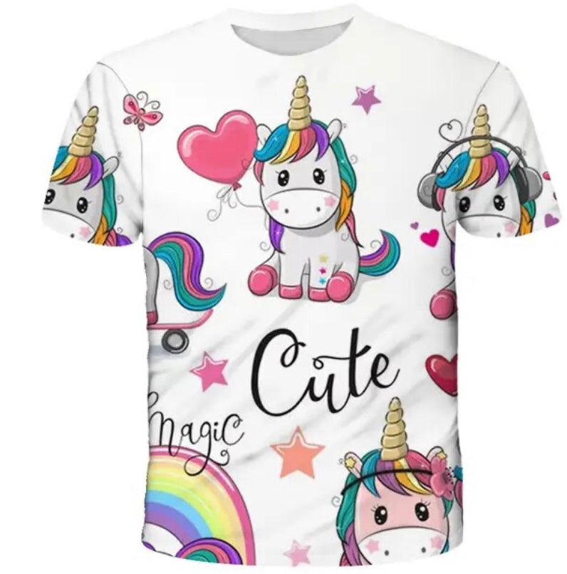 Girls 3D Unicorn Print T-shirts-White