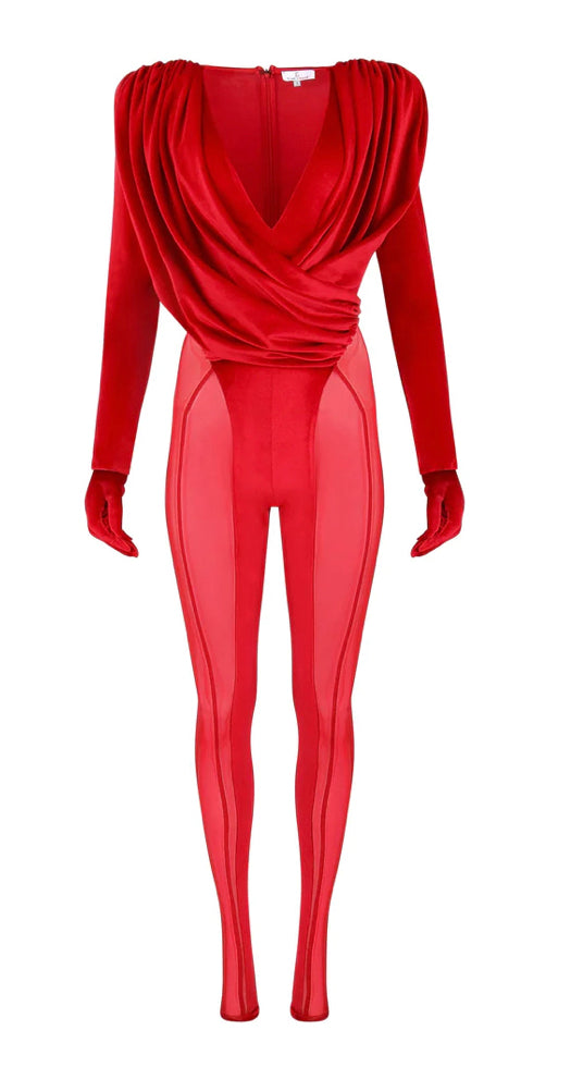 RED MESH VELVET JUMPSUIT-RED