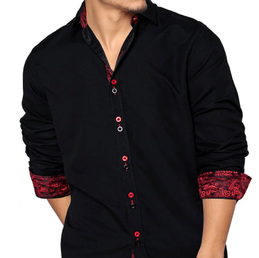 Black/Red Solid Long Sleeve Splicing Casual Shirt