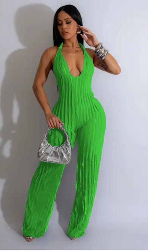 Ruffles Women Halter Deep V-neck Backless Wide Leg Jumpsuit