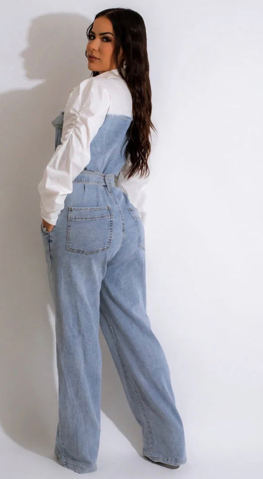 Lady Splicing Denim Jumpsuits