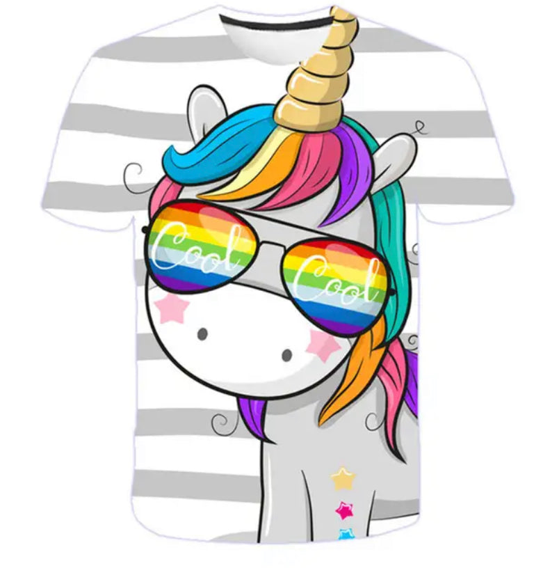 Girls 3D Unicorn Print T-shirts-White