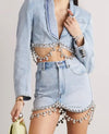 DAYMOND DENIM SET SUIT RHINESTONE CHAIN |LIGHT BLUE