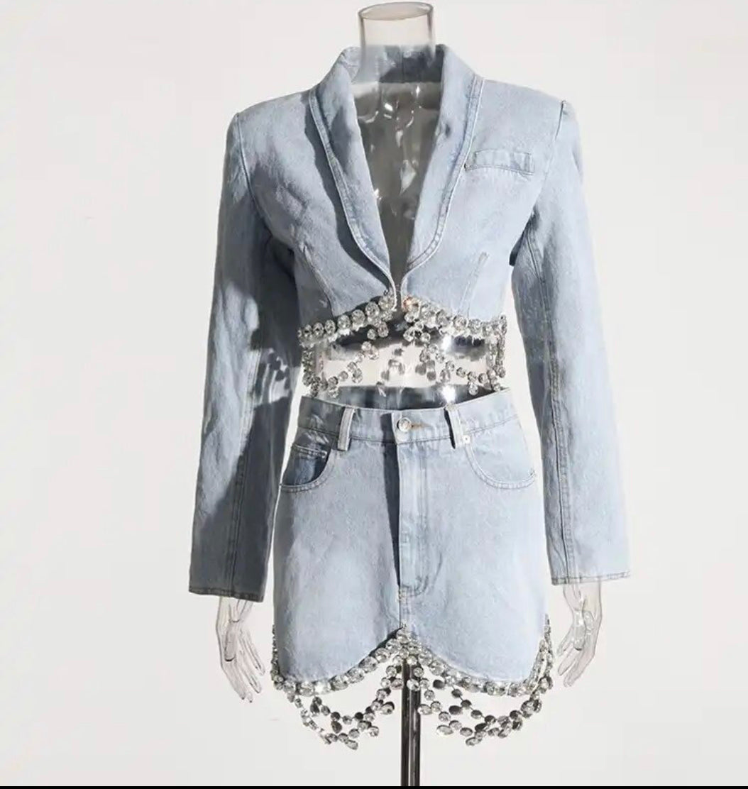 DAYMOND DENIM SET SUIT RHINESTONE CHAIN |LIGHT BLUE