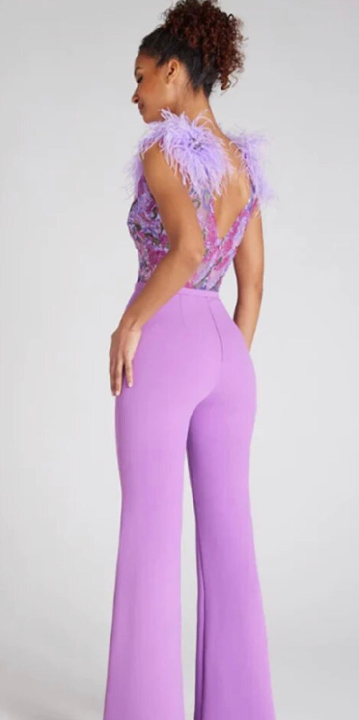 Sequins Feather Jumpsuit |Violet