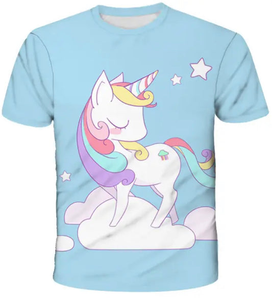 Girls 3D Unicorn Print T-shirts- Light Blue