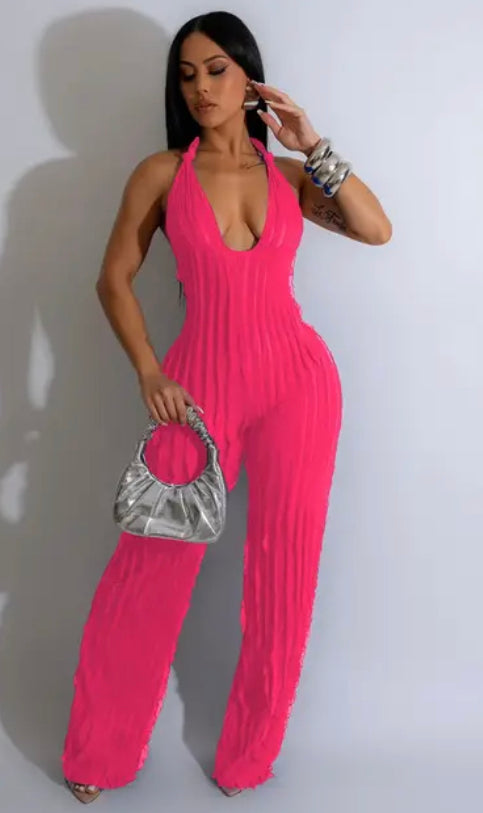 Ruffles Women Halter Deep V-neck Backless Wide Leg Jumpsuit