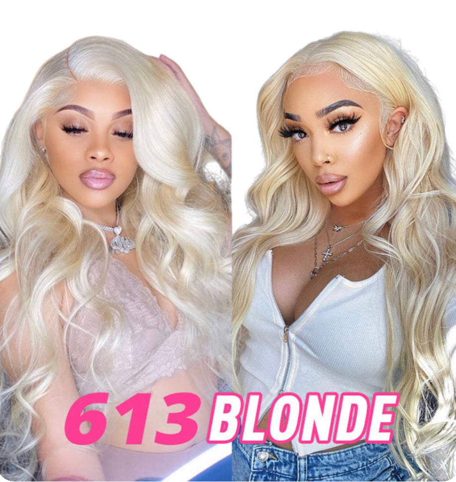 GLUELESS WEAR & GO WIG LIGHT BLONDE #613 STRAIGHT AND BODY WAVE PRE CUT LACE CLOSURE