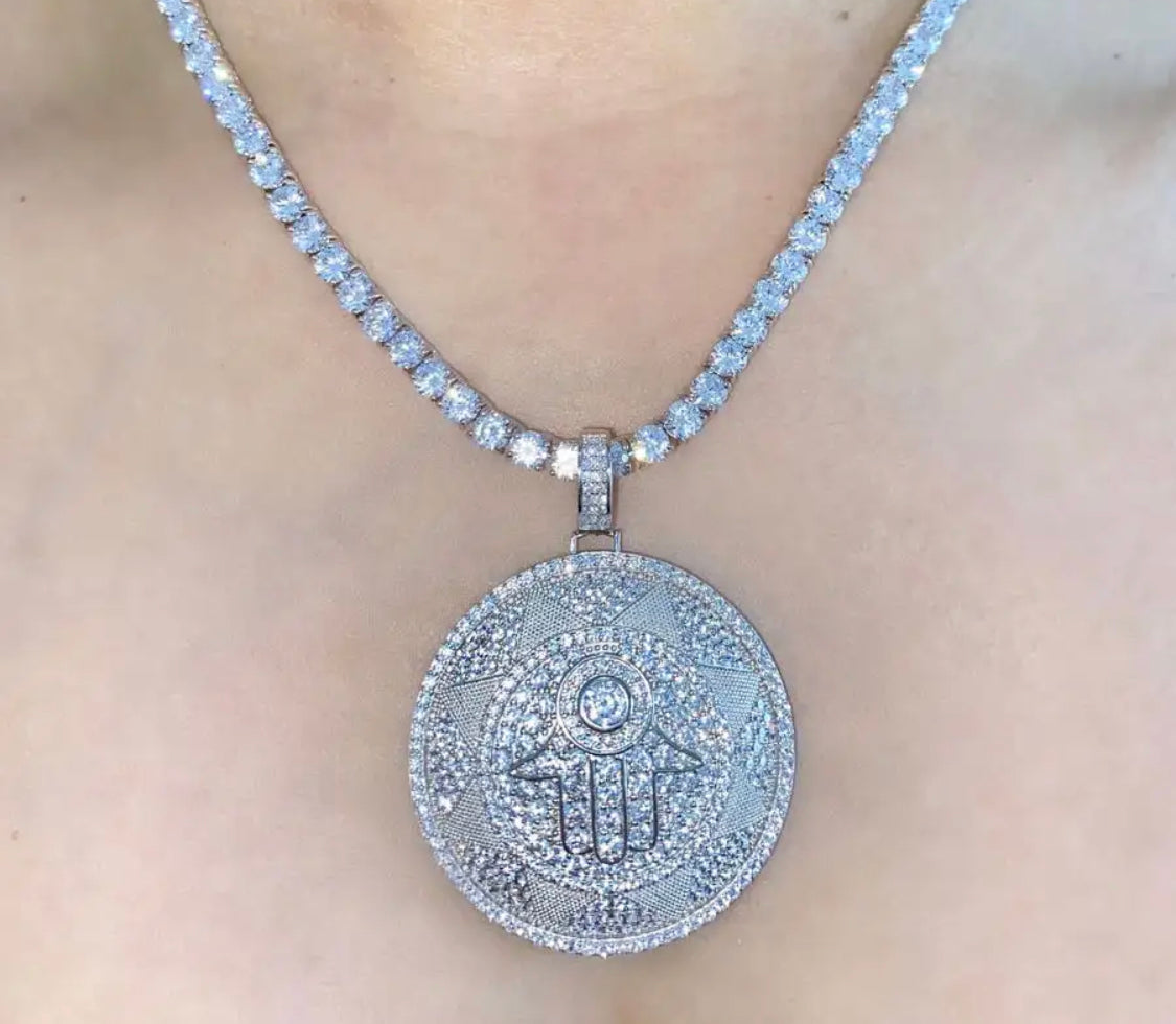 ICY HAMSA MEDALLION NECKLACE