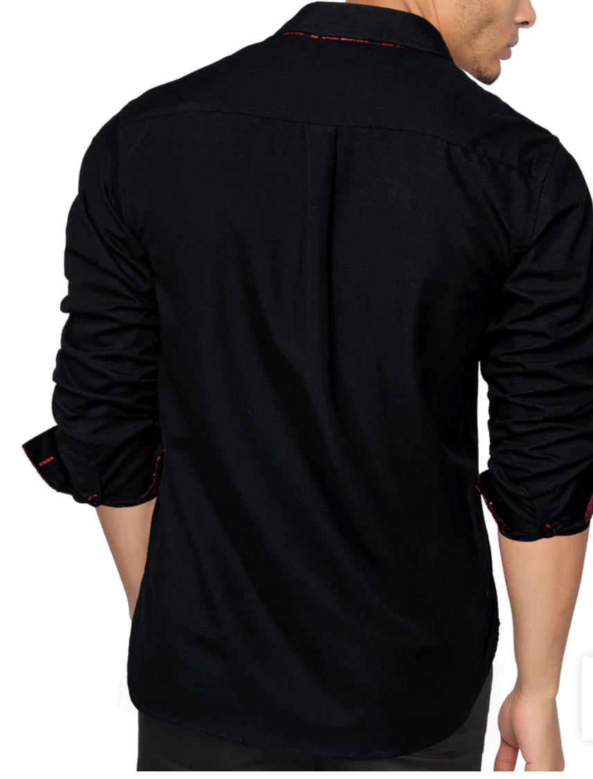 Black/Red Solid Long Sleeve Splicing Casual Shirt