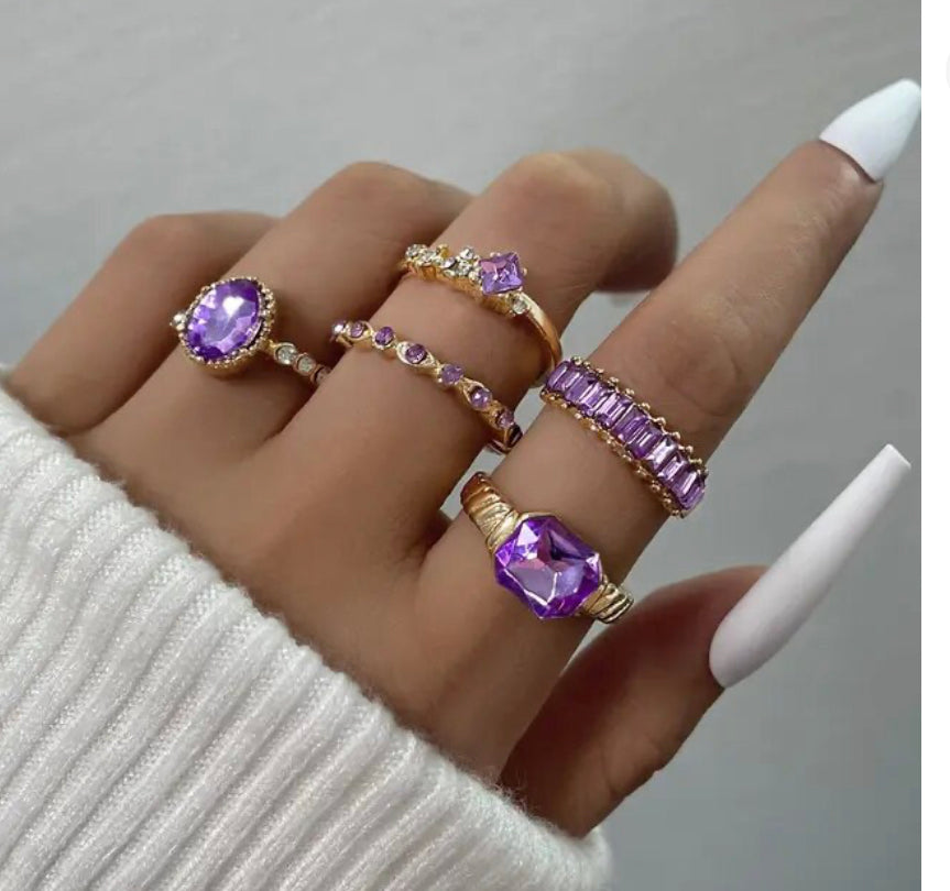 Purple Crystal Rings Set for Women- Gold Plated
